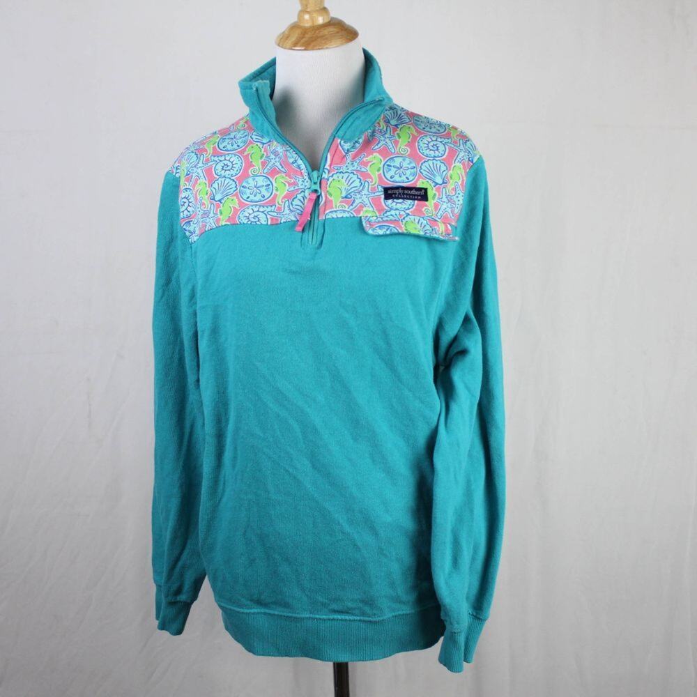 Simply Southern Blue Green Seashell Print 1/4 Zip Pullover Jacket Sweatshirt S/M